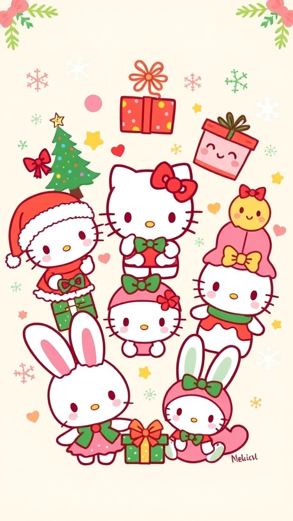 Cute Sanrio characters in Christmas attire surrounded by holiday decorations.
